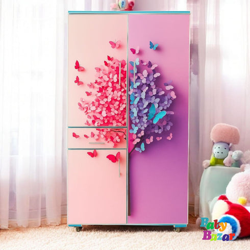 2.5ft × 5ft Butterfly Design Wooden Wardrobe for Kids – Baby & Baby Girl Clothes, Accessories & Toy Storage Cabinet with Wheels