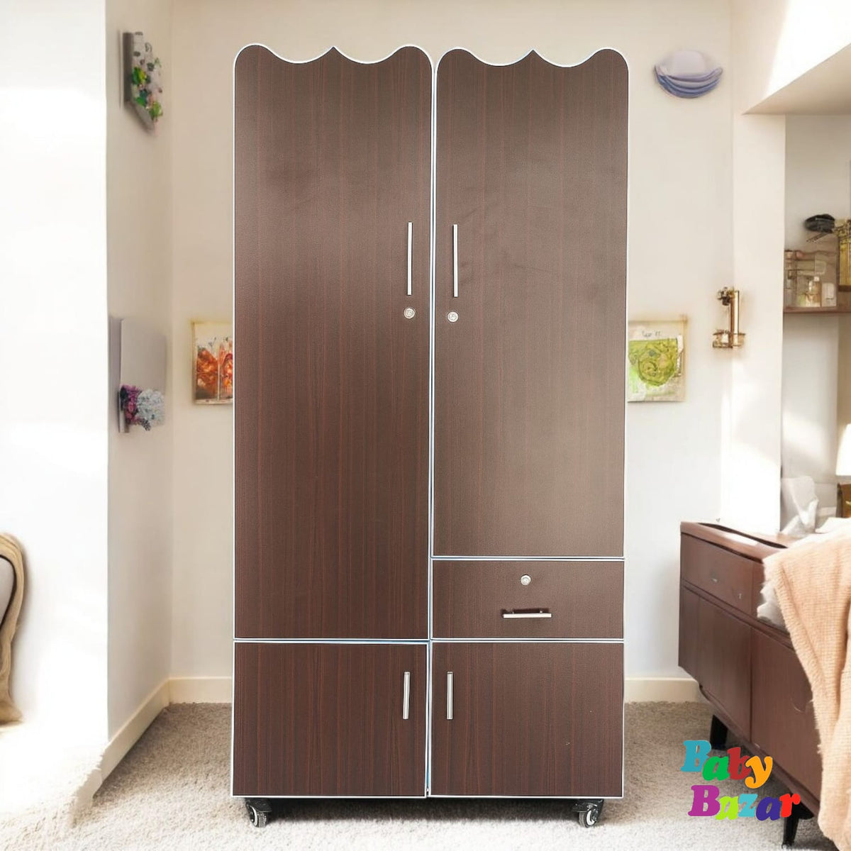 5x2.5 ft Wooden Cupboard with Drawer & Wheels - Dark Brown Storage -For Kids ,Baby For Cloths & Accessories main image 0