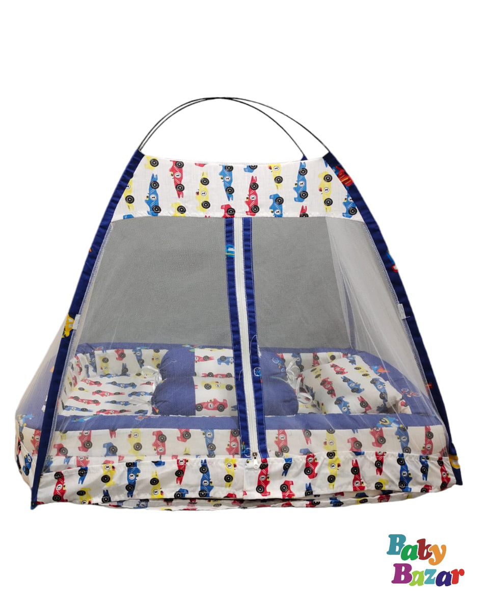 Baby Sleeping Bed In Sports Car Print With Net To Protect Mosquitos An