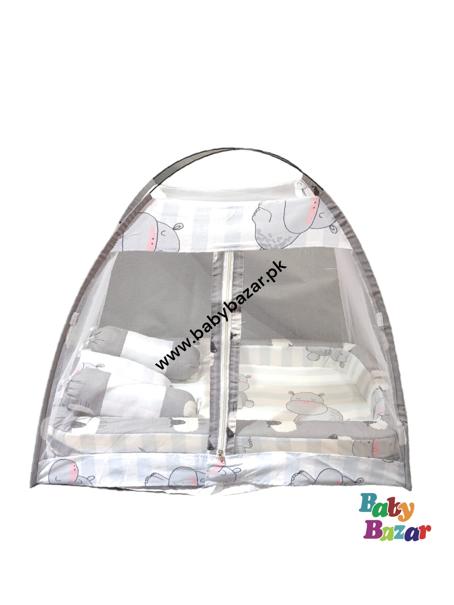 Baby Sleeping Bed With Pillows and Net To Protect Mosquitos And Other Bugs |Grey main image 1