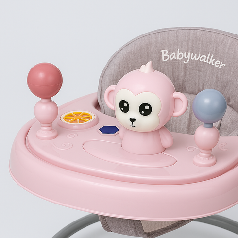 Pink Baby Walker with Monkey Toy & Activity Tray