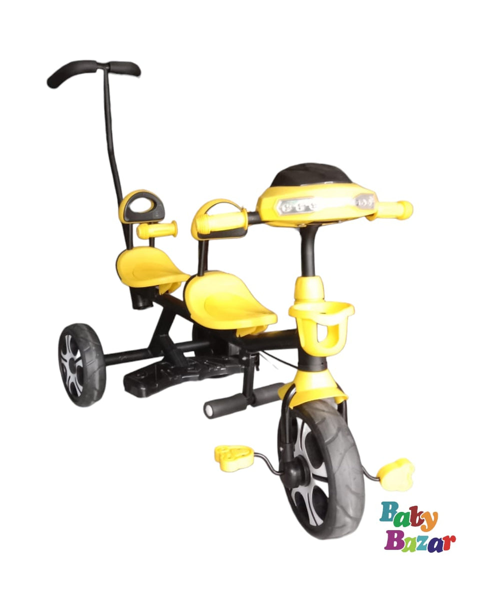 Double seat Tricycle In yellow Color For Kids With Music And Lighting Baby Bazar