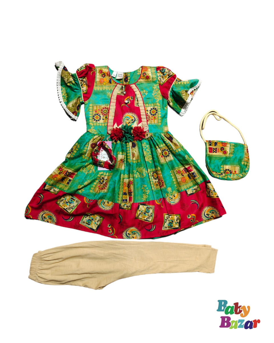 New  Cotton Stuff Frock With Pajama For Baby Girls Green Color