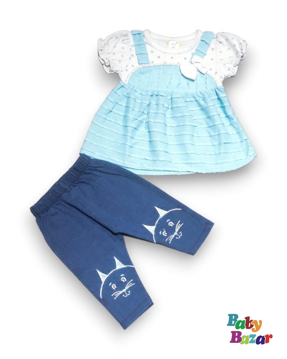 Blended Stuff Dress For New Born Baby In Blue Color With Cap And Mittens