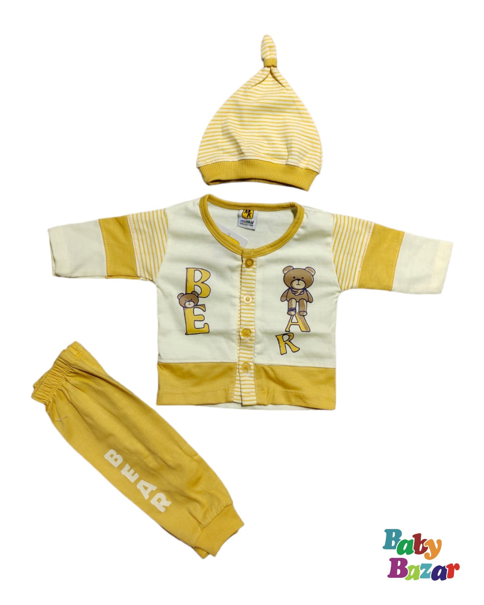 MidSeason Dress For New Born Baby Boy In Bear Print Yellow Color