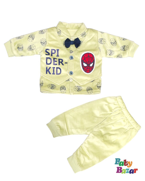 New Born Baby Boy Winter Dress In Light Green Color Velvet Stuff Spider Kid Print