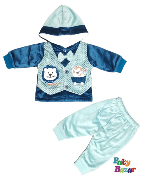 New Born Baby Boy Winter Dress In Velvet Stuff Lion Print Blue Color