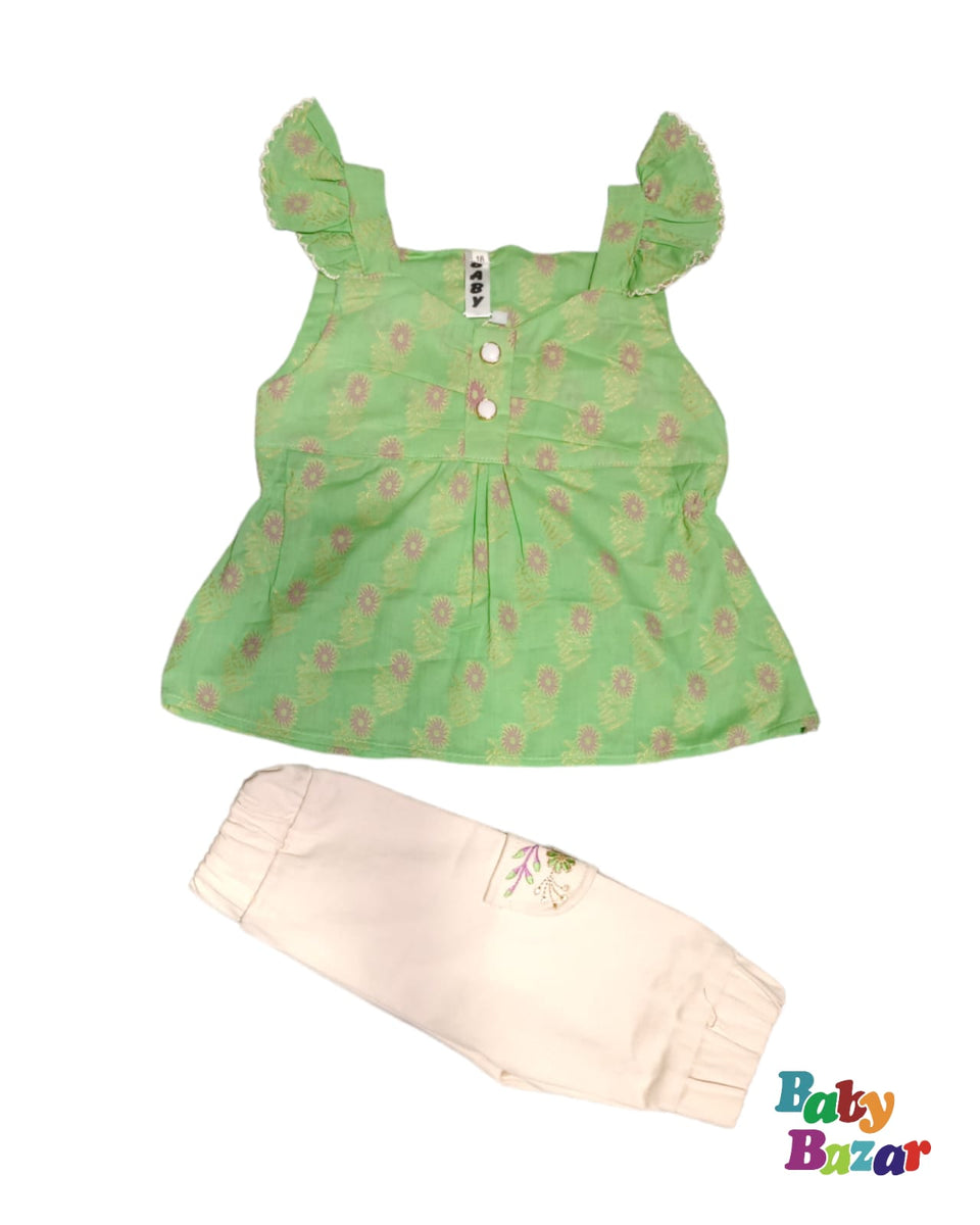 Jeans Stuff Dress For Baby Girl In Green Color