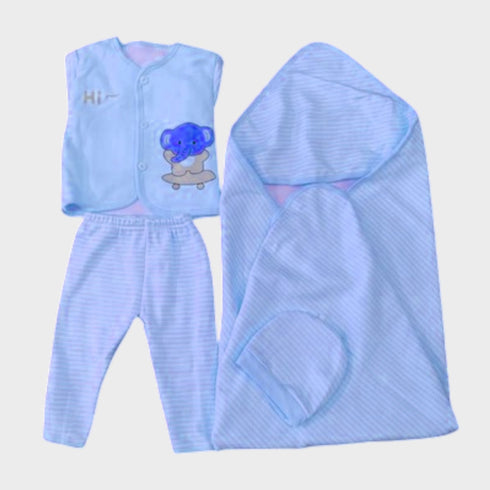 New Born Baby 3 PCS Starter Set With Elephant Fleece Stuff - Blue