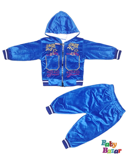 Velvet Stuff Winter Dress For Newborn Baba In Blue Color