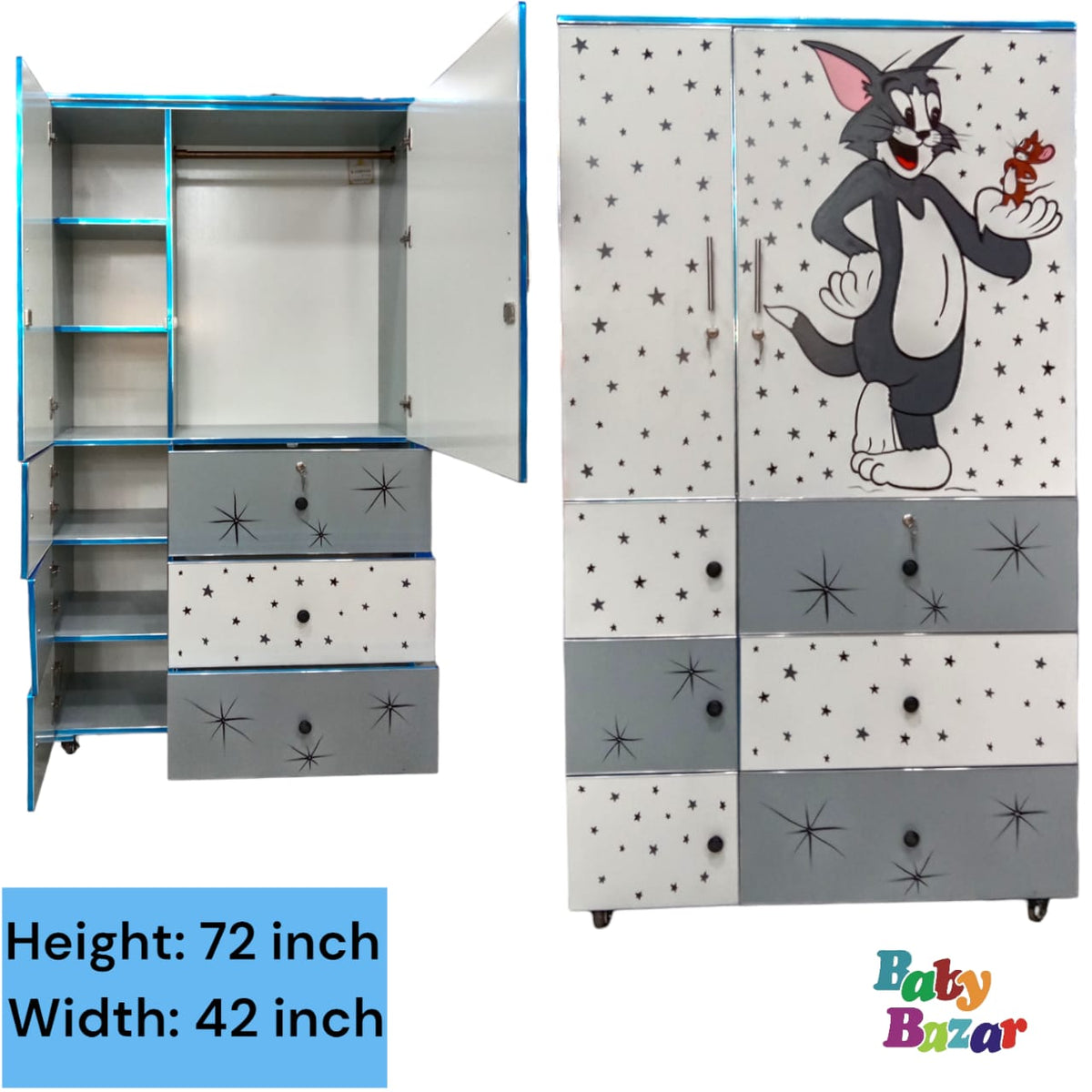 5 x 2.5 Feet Cartoon Kids Wardrobe – Tom & Jerry Printed Wooden Closet with Drawer