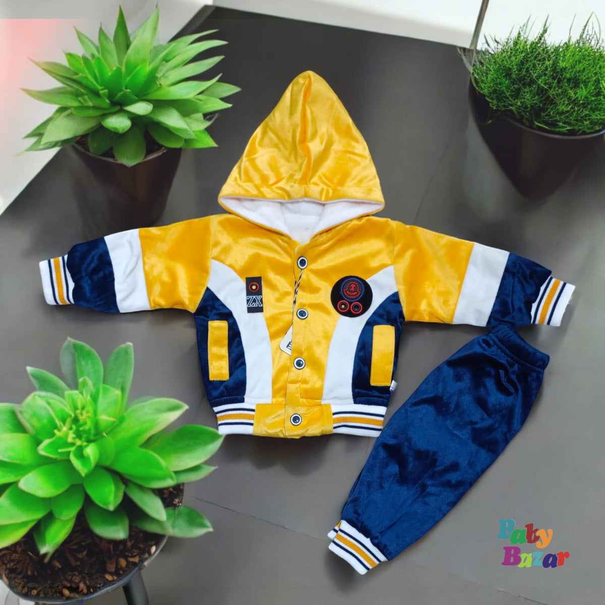 Baby Boy Velvet Stuff Winter Dress In Hooded Shirt With Pajama In red Color main image 1