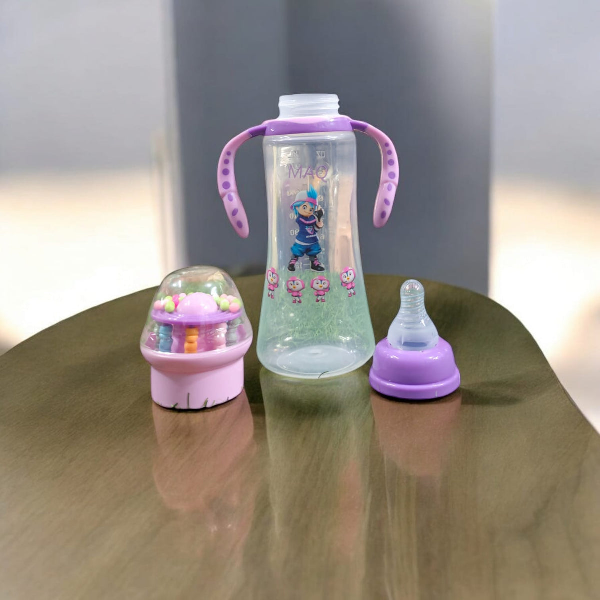 Baby Transparent Feeder Of Popmax Brand With Rattle Lid In Pink Color