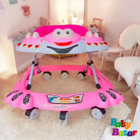Mama Love Baby Walker Pink Car Design with Fun Face & Multi Directional Wheels