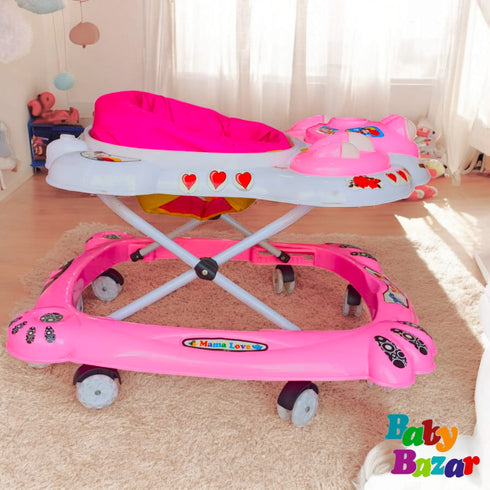 Mama Love Baby Walker Pink Car Design with Fun Face & Multi Directional Wheels