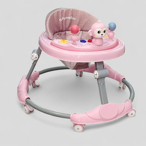 Pink Baby Walker with Monkey Toy & Activity Tray