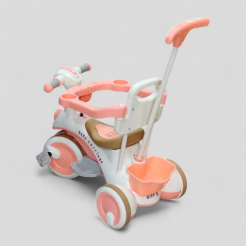3-in-1 Baby Tricycle with Push Handle & Storage Basket - Pink & White