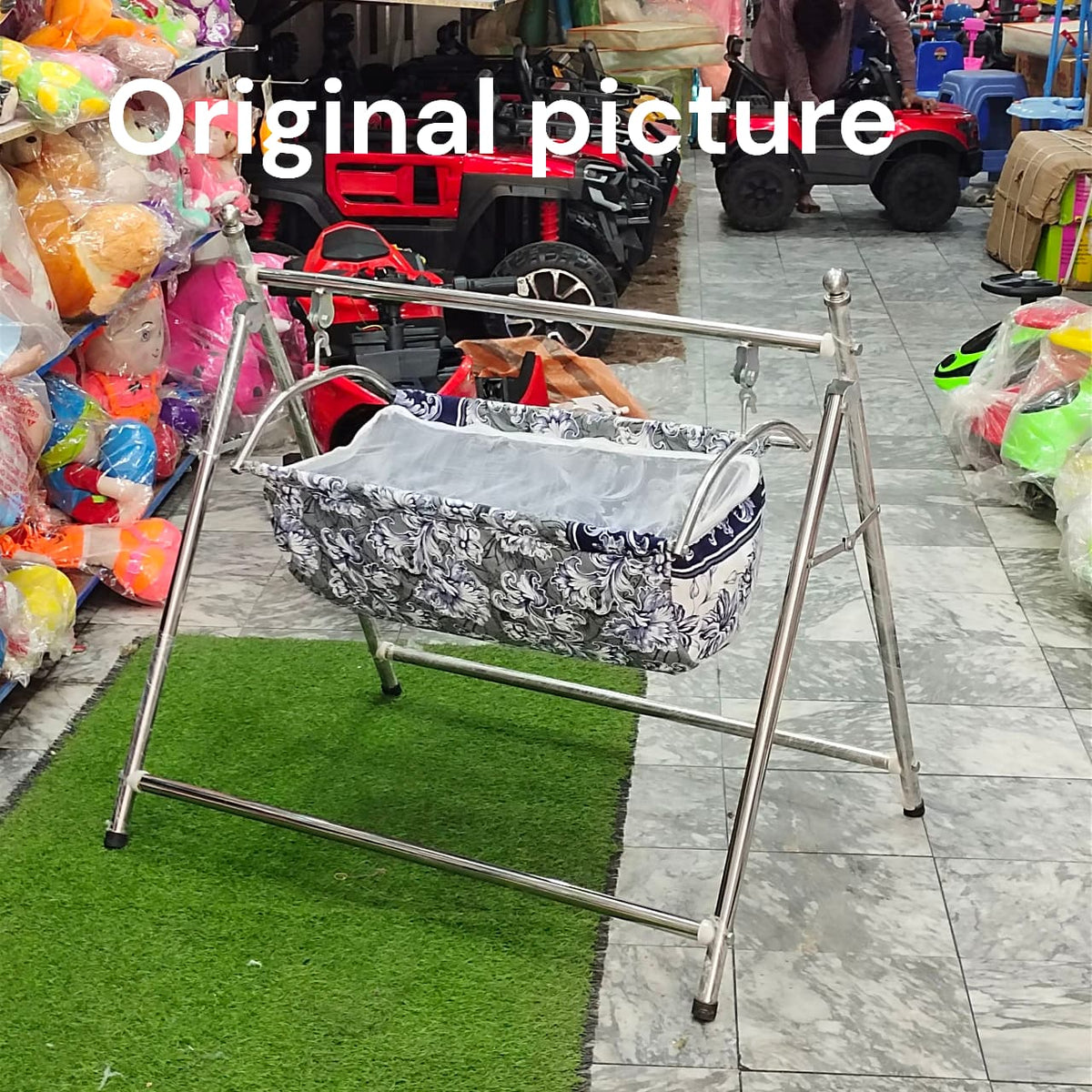 Premium Baby Swing Cot – Silver Frame with Blue Floral Design | Comfortable Wool Stuff