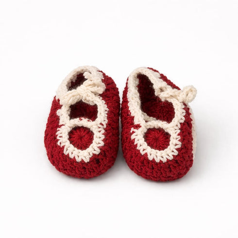 Handmade Crochet Baby Girl Shoes – Red & Cream Soft Sole Booties
