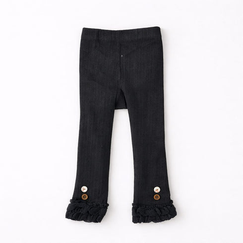 Girls Black Ribbed Leggings with Ruffle Hem