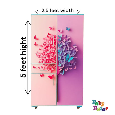 2.5ft × 5ft Butterfly Design Wooden Wardrobe for Kids – Baby & Baby Girl Clothes, Accessories & Toy Storage Cabinet with Wheels