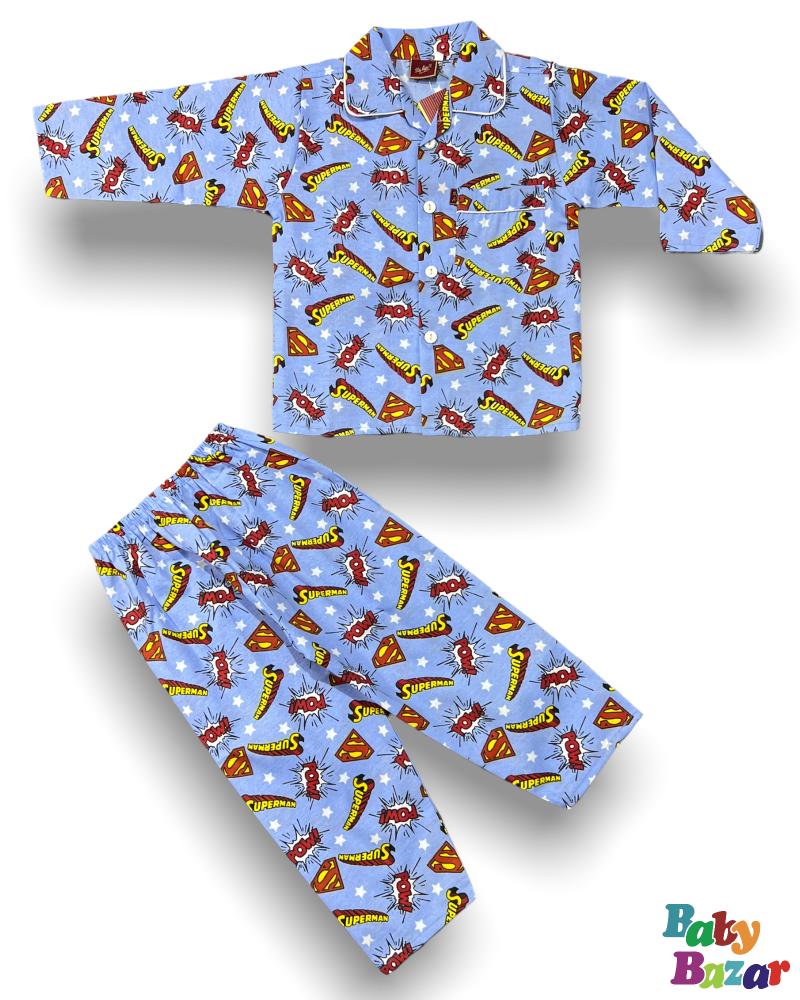 Baby Boy Night Suit In Superman Print Sky Blue Color babybazar.pk