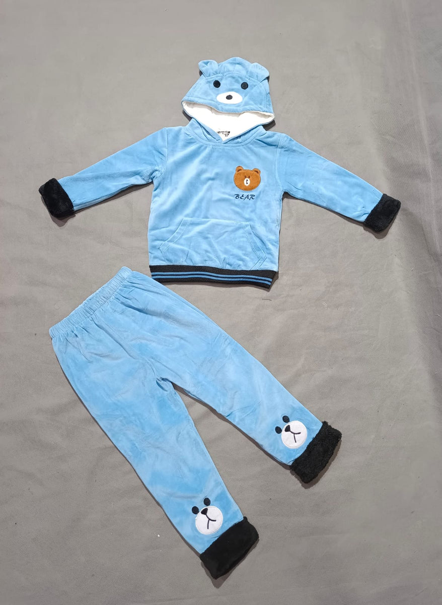 Baby Boy Velvet Stuff Winter Dress In Bear Printed Design Sky Blue Col