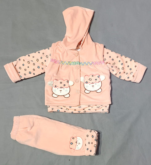 Baby Girl Velvet Stuff Dress In Bear Printed Design Pink Color