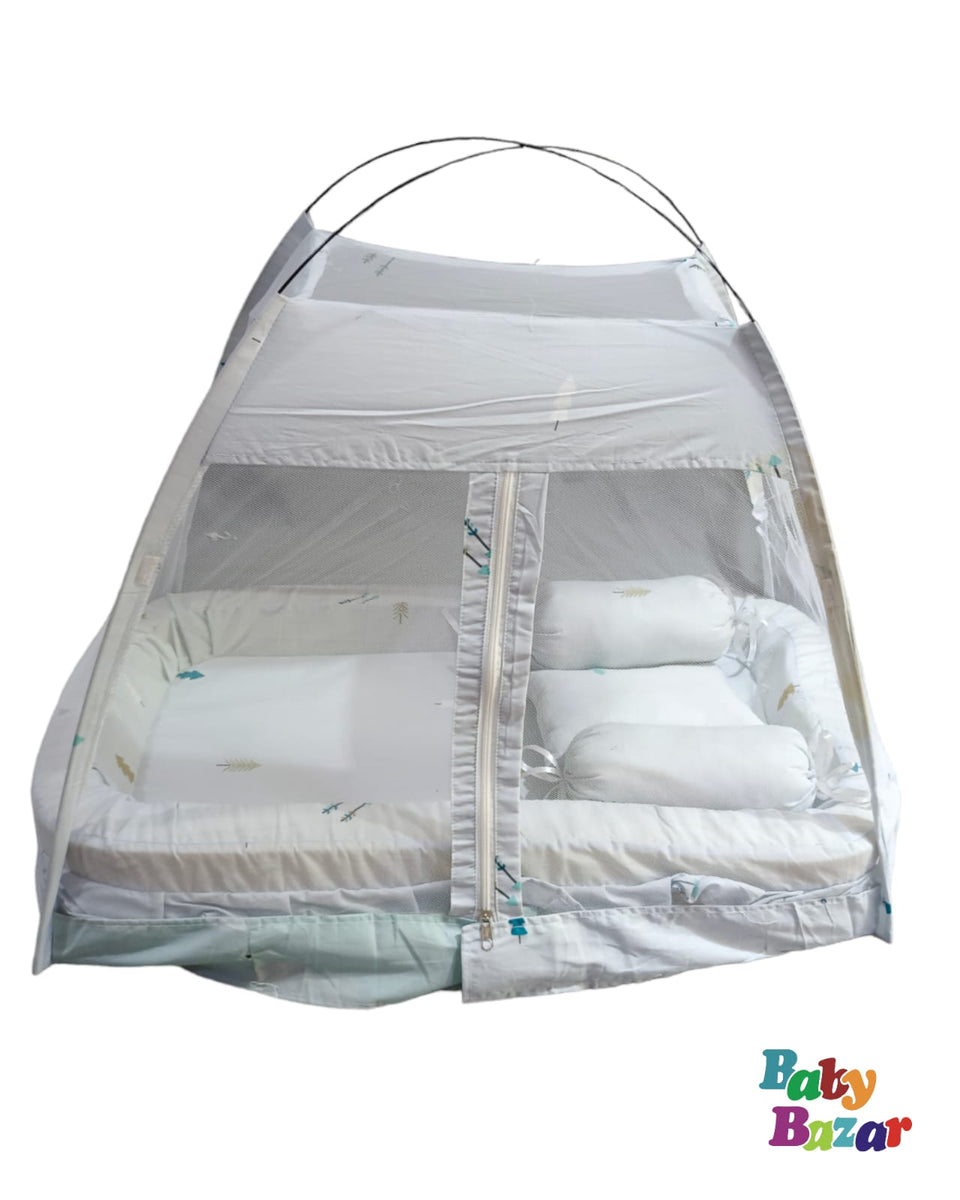 Best Baby Sleeping Bed With Pillows And Mosquito Protector Net In Grey Baby Bazar