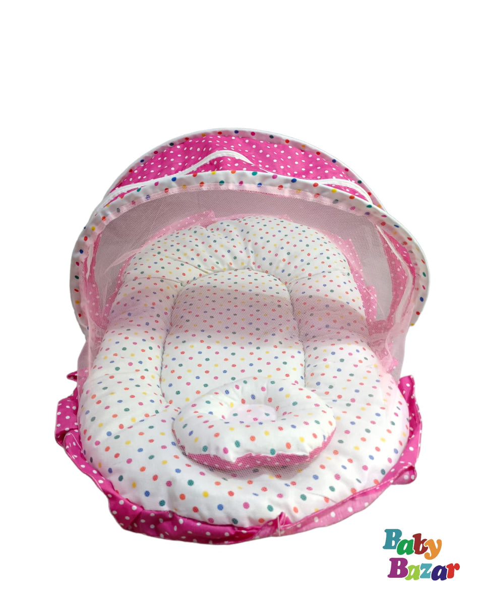 Baby Bister Carry Nest with Rattles & Mosquito Net – Soft Newborn Baby Bed & Portable Baby Nest (Red Polka Dot) main image 1
