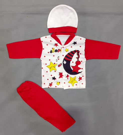 New Born Babies Dress In Moon & Star Print Design Red Color