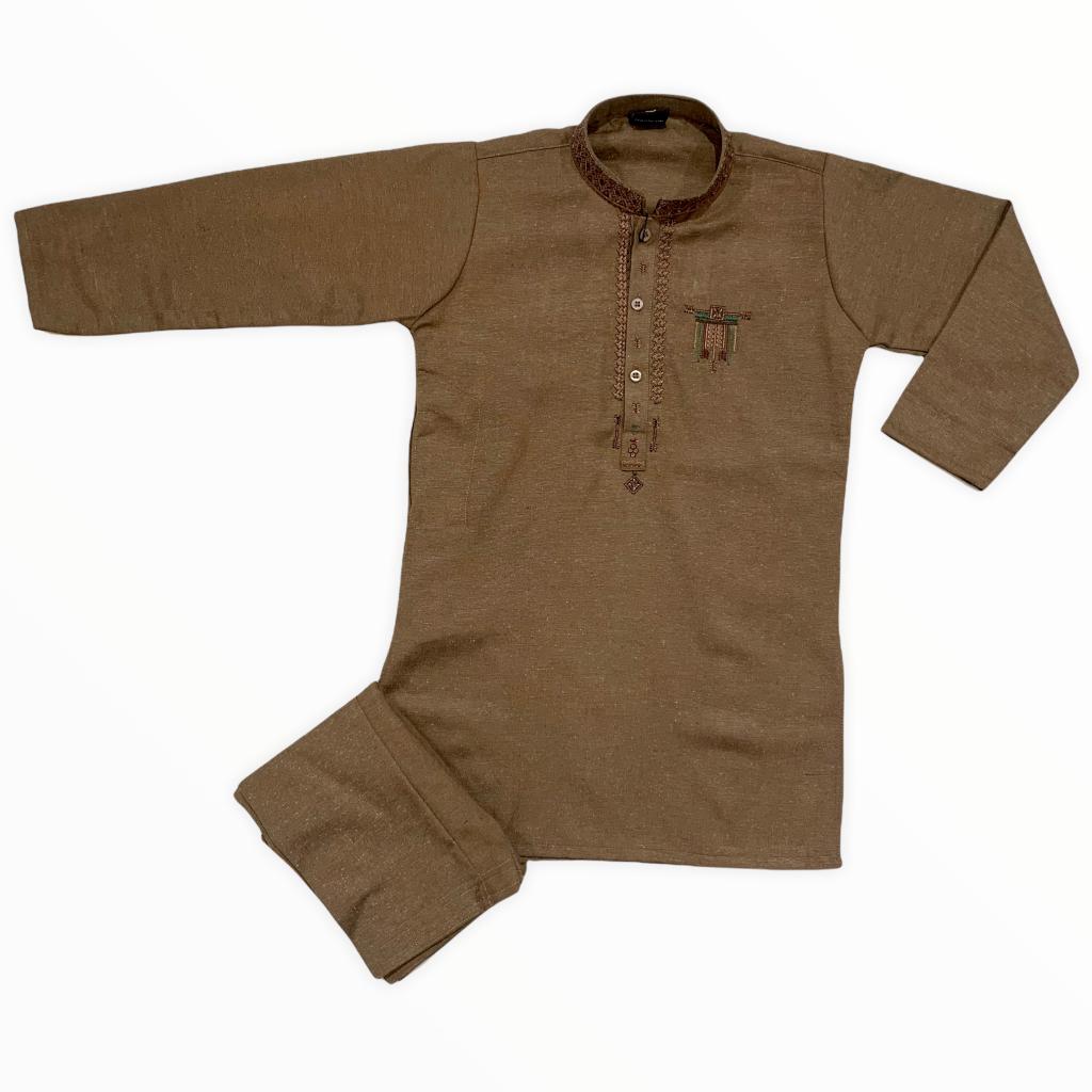 New Baby Boy Shalwar Kameez In Mehroon Color Khadar Stuff With Neck Embroidery For Winter JKL616