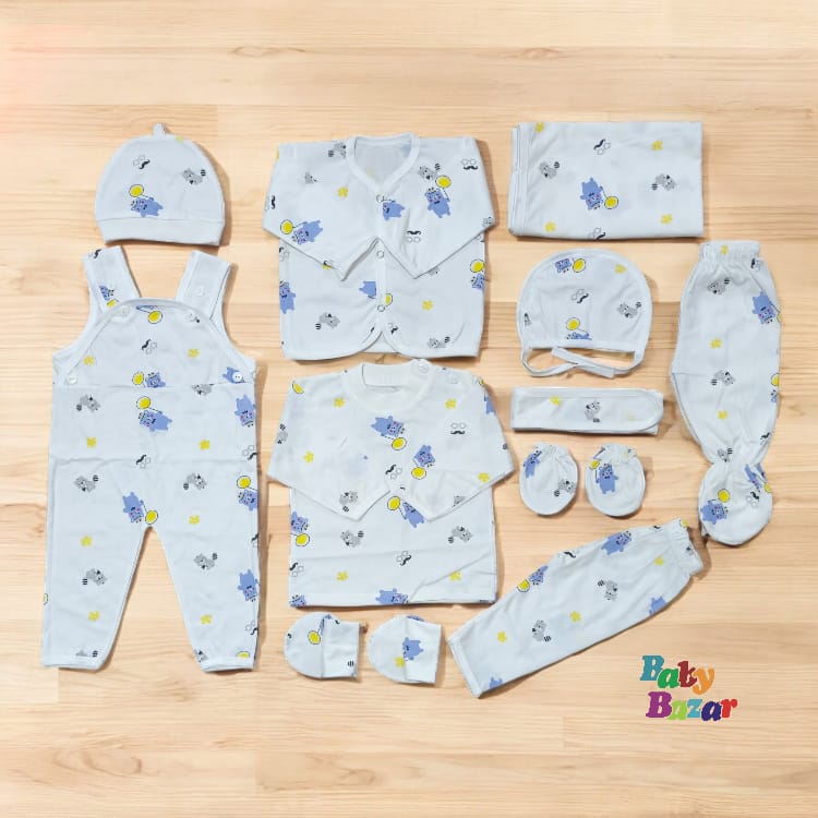 5pc Starter Set For Newborn Girl In Cat Print Sky Blue Color
